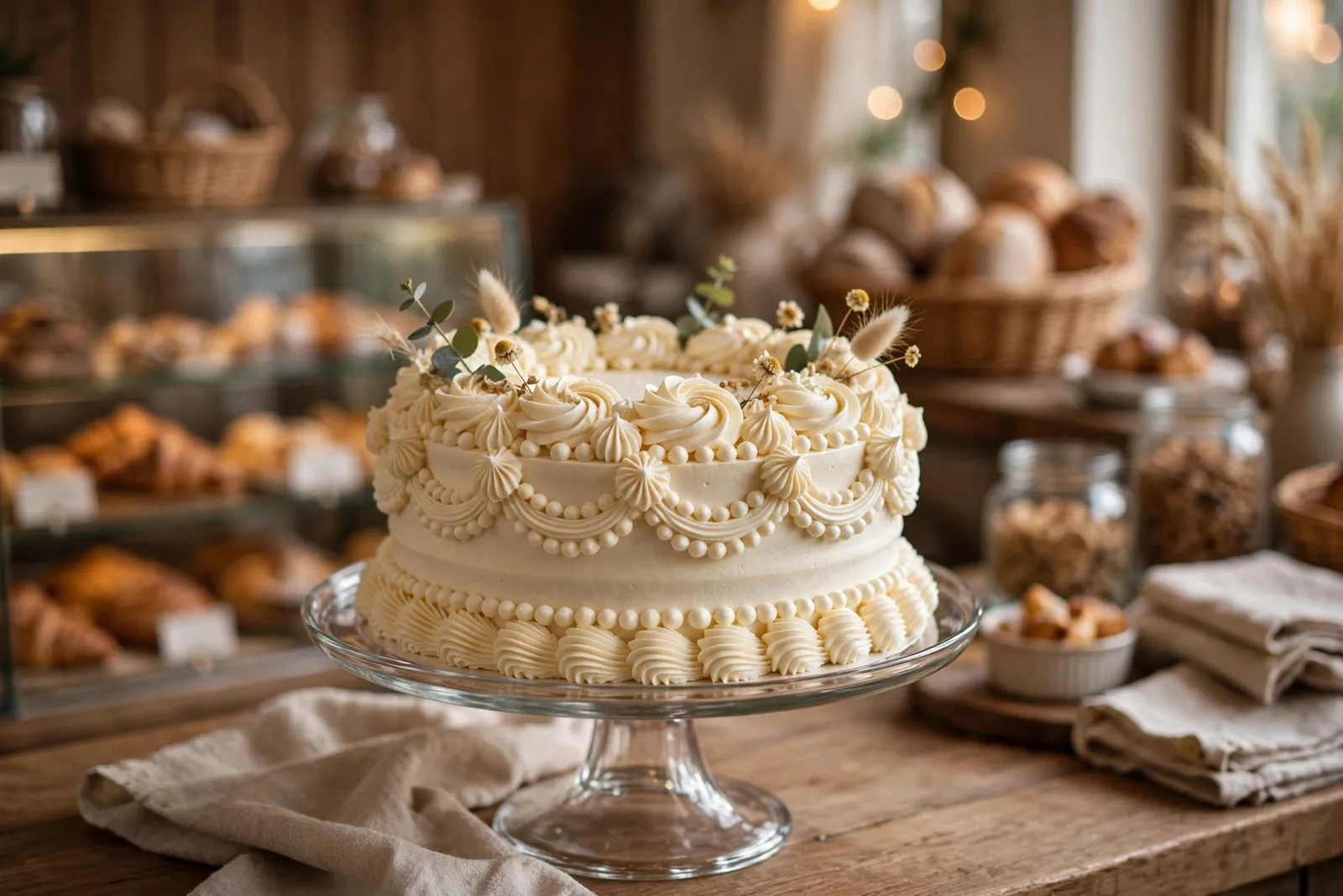A finished celebration cake with piped frosting