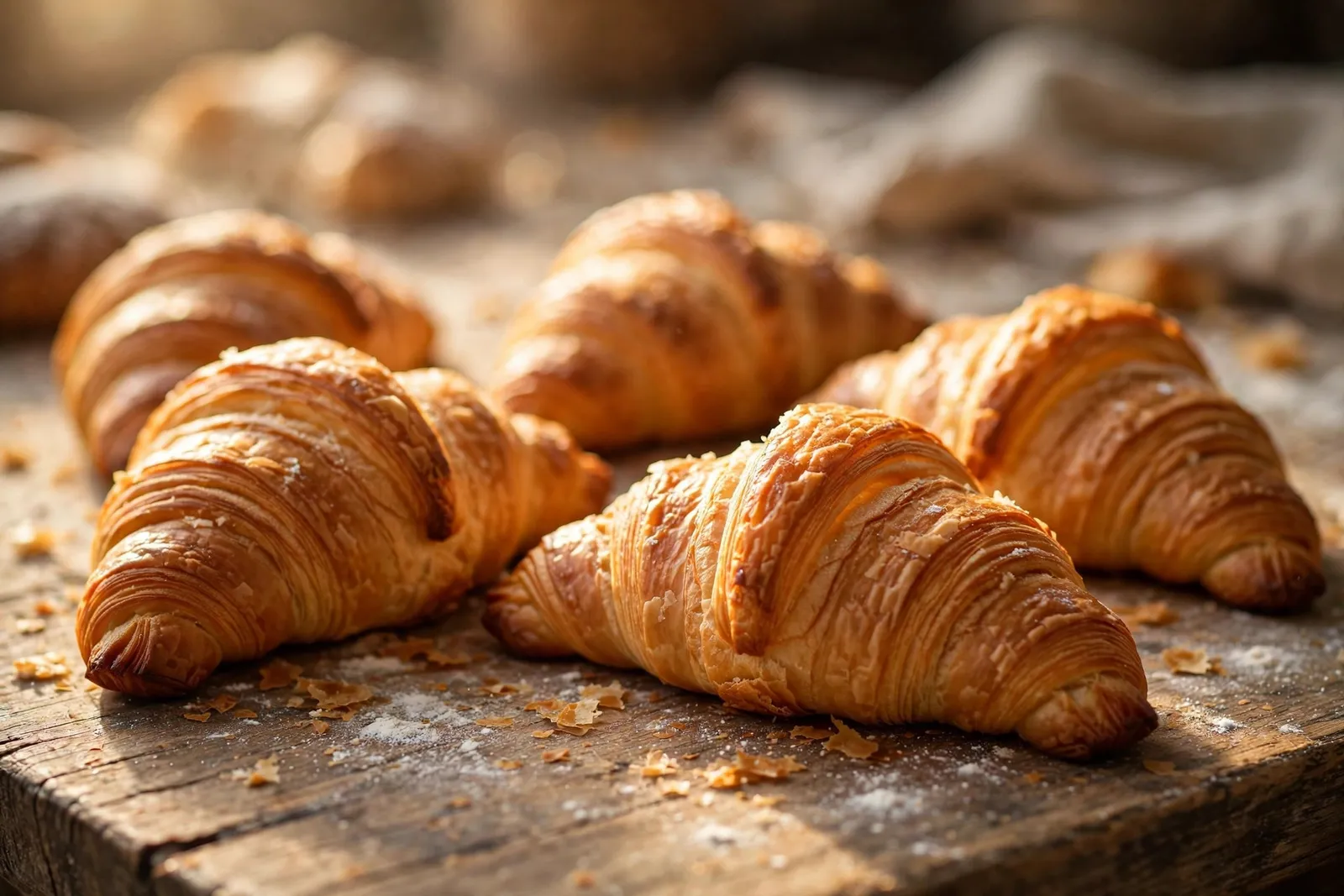 Golden croissants arranged on a wooden bakery counter