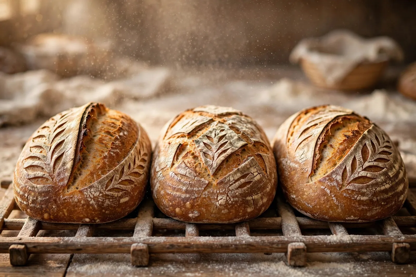 Rustic sourdough loaves with scored crusts
