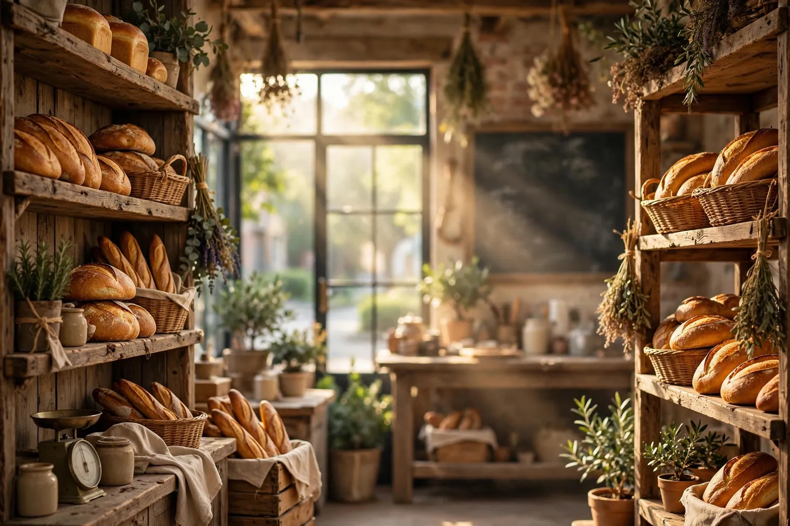 Fresh loaves of bread cooling on wooden shelves in the bakery